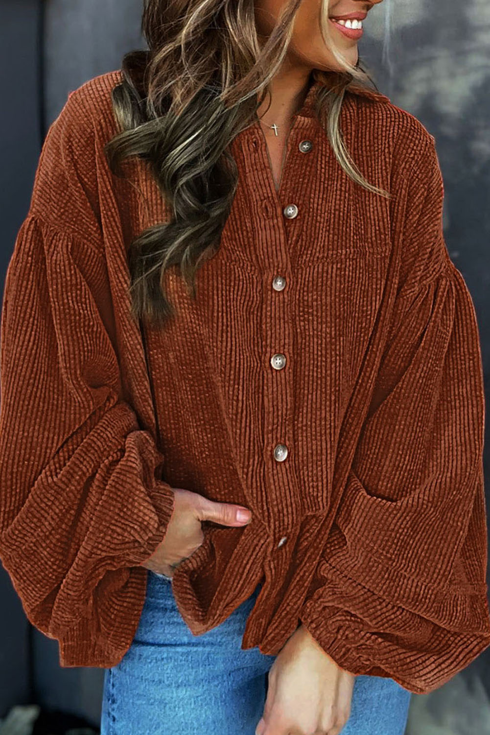 Long Sleeve Shirt Top Ribbed Coffee Textured Corduroy Puff Sleeve Shacket