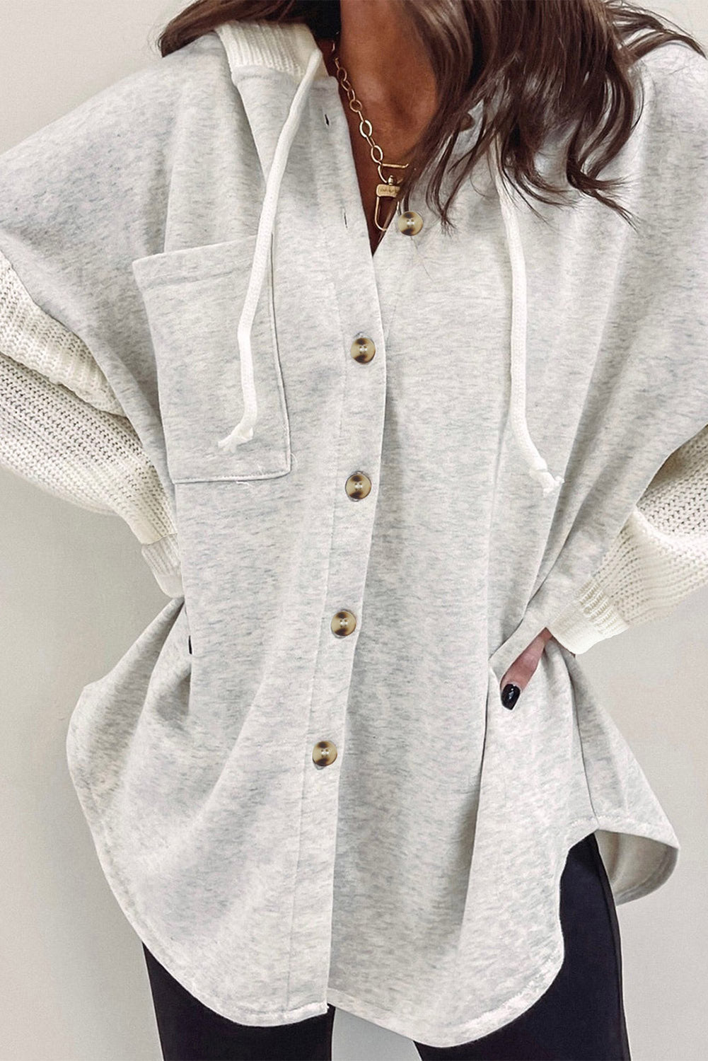 Women’s Long Sleeve Shirt Gray Button Up Contrast Knitted Sleeves Hooded Jacket