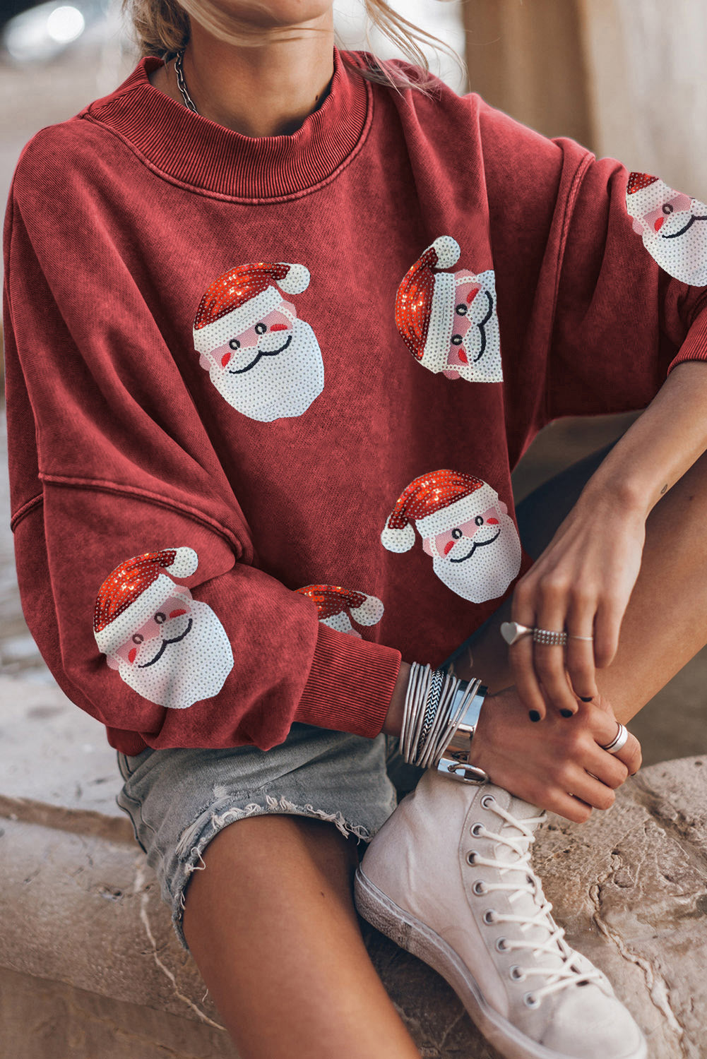 Red Dahlia Sequined Santa Claus Christmas Fashion Sweatshirt