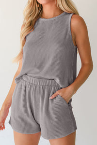 Medium Grey Corded Sleeveless Top and Pocketed Shorts Set Two Piece fashion Outfit Matching Set