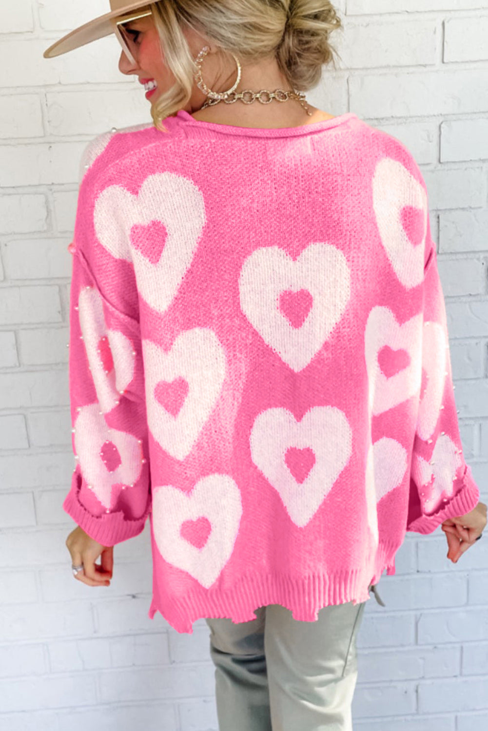 Pink Sweatshirt Heart Print Pearl Beaded Heart Drop Shoulder Sweater