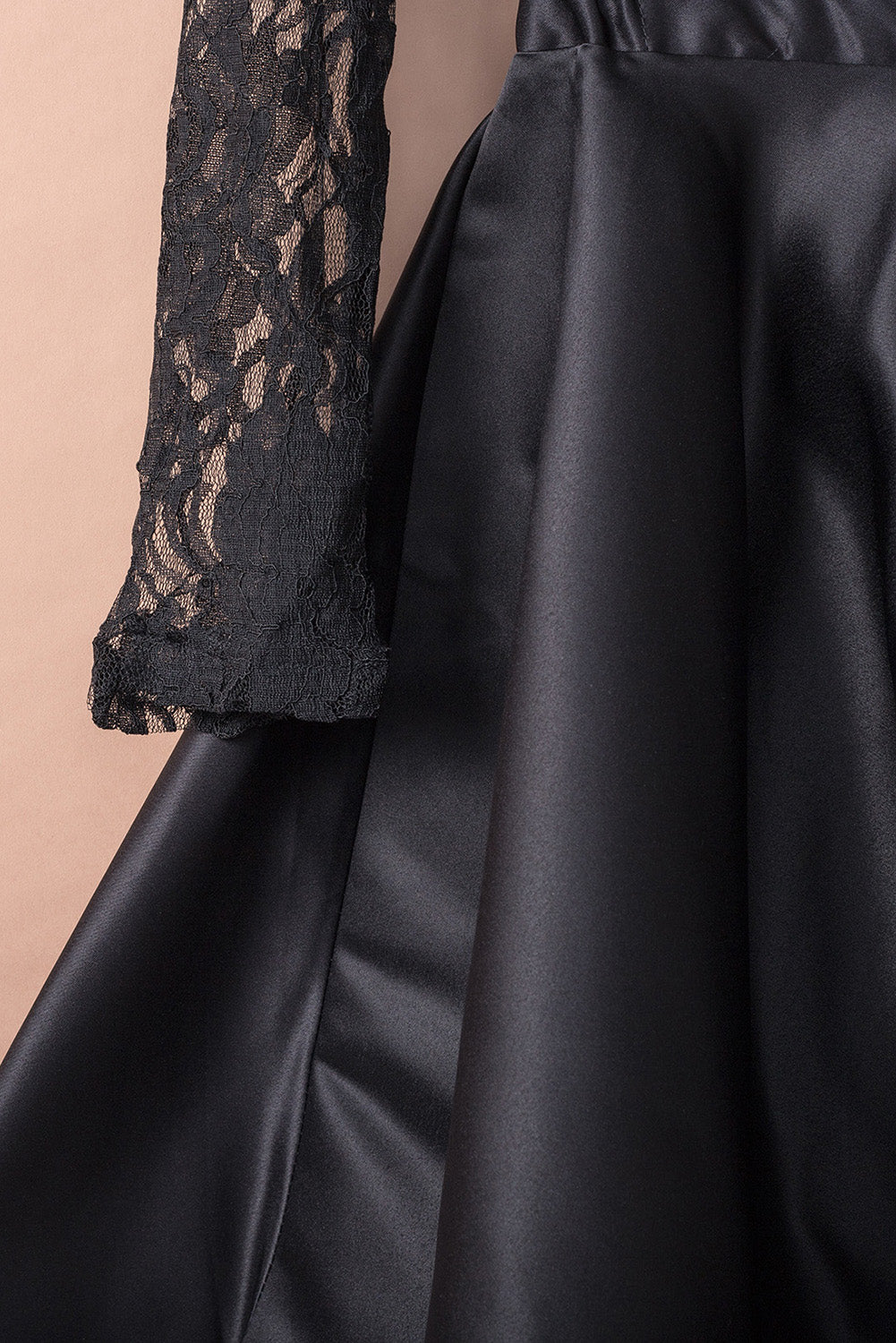 Black Long Sleeve Lace High Low Long Sleeve Satin Evening Dress