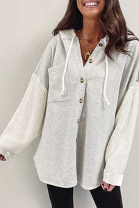 Women’s Long Sleeve Shirt Gray Button Up Contrast Knitted Sleeves Hooded Jacket