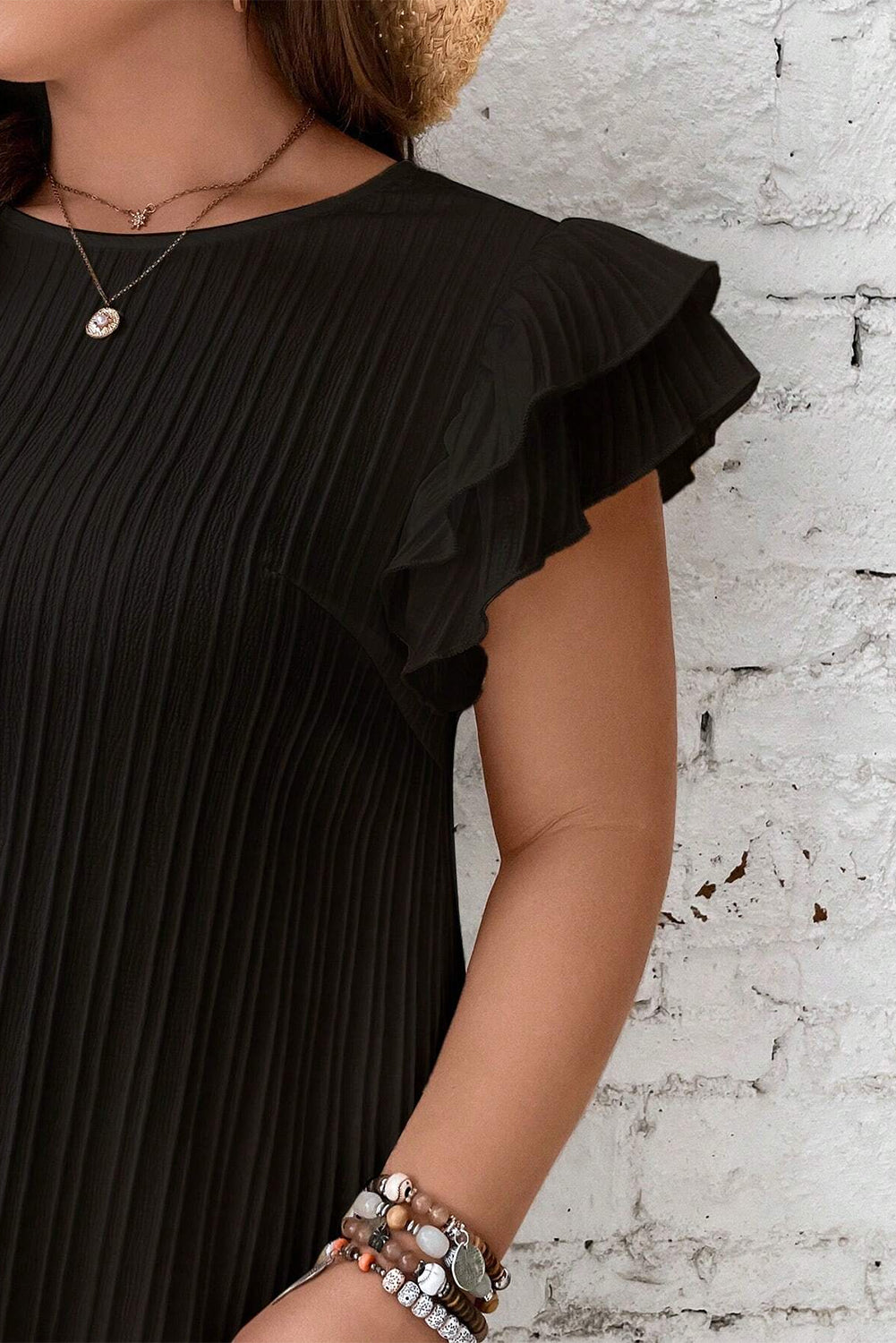 Casual Black Ruffled Sleeve Rib Textured Plus Size Shift Dress