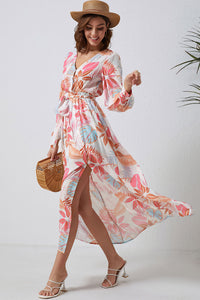 Tropical Plant Print Long Sleeve Wrap V-Neck Slit Maxi Dress