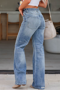 Light Blue High Rise Distressed Straight Leg Jeans