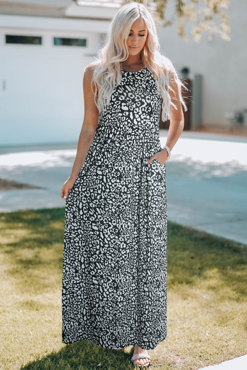 Gray Leopard Print Pocketed Sleeveless Maxi Dress