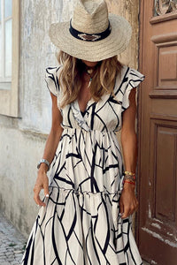 Womens Fashion Casual Long Dresses White Abstract Vein Print V Neck Ruffle Maxi Dress