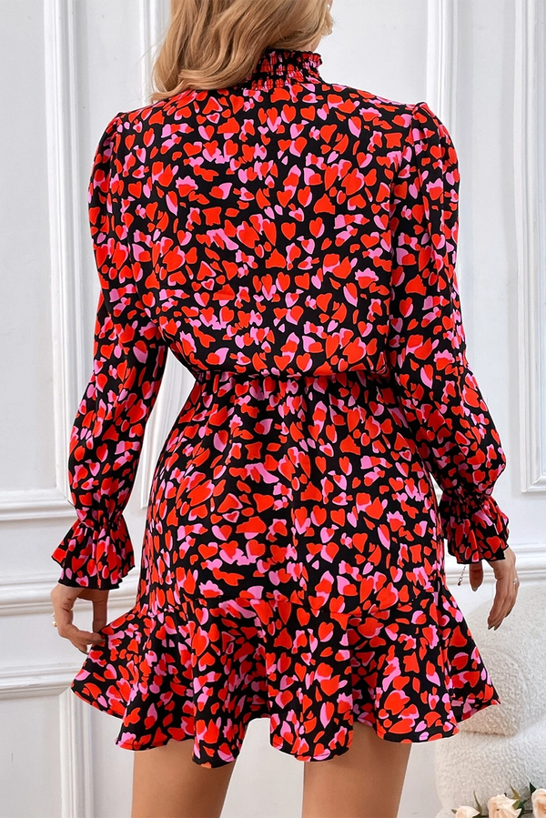 Red Valentines Day Heart Shape Print Long Sleeve Mini Dress