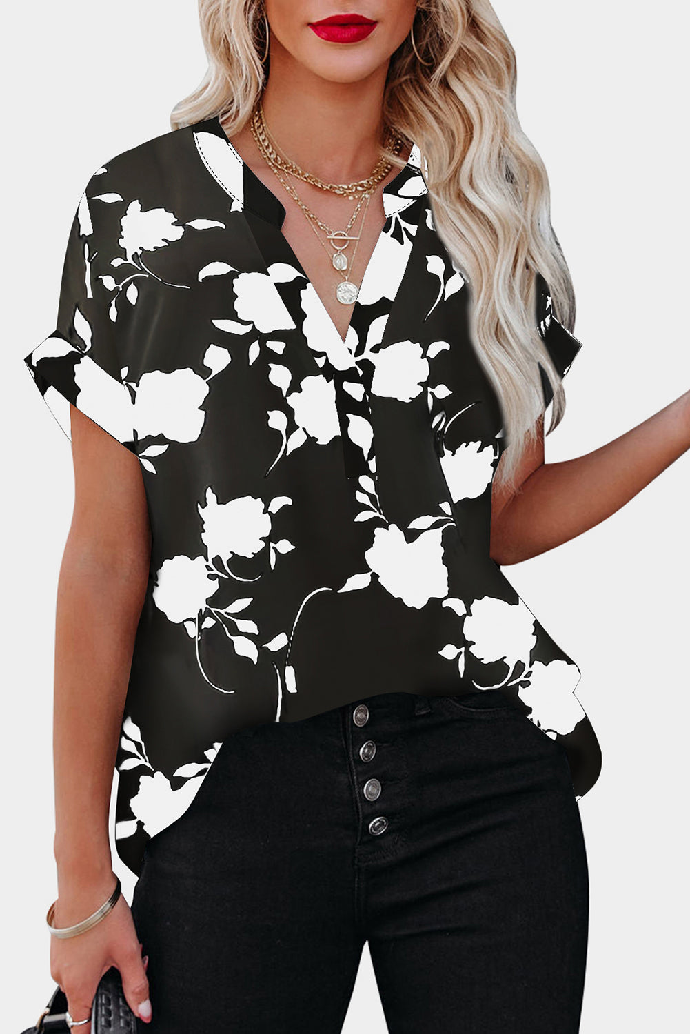 Black Floral Printed Short Sleeve Blouse Womens Casual Shirt Top