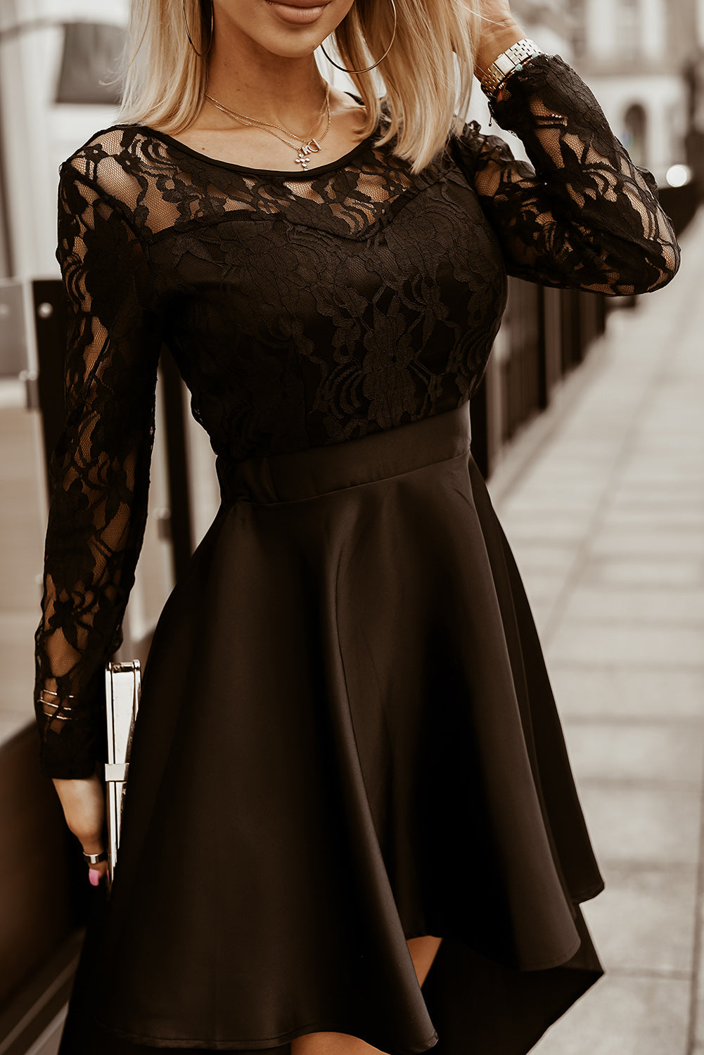 Black Long Sleeve Lace High Low Long Sleeve Satin Evening Dress