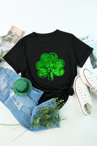 St Patricks Day Shirt Ladies Black Sequin Clover Embroidered Round Neck Graphic Tee Women's St Patty's T Shirt