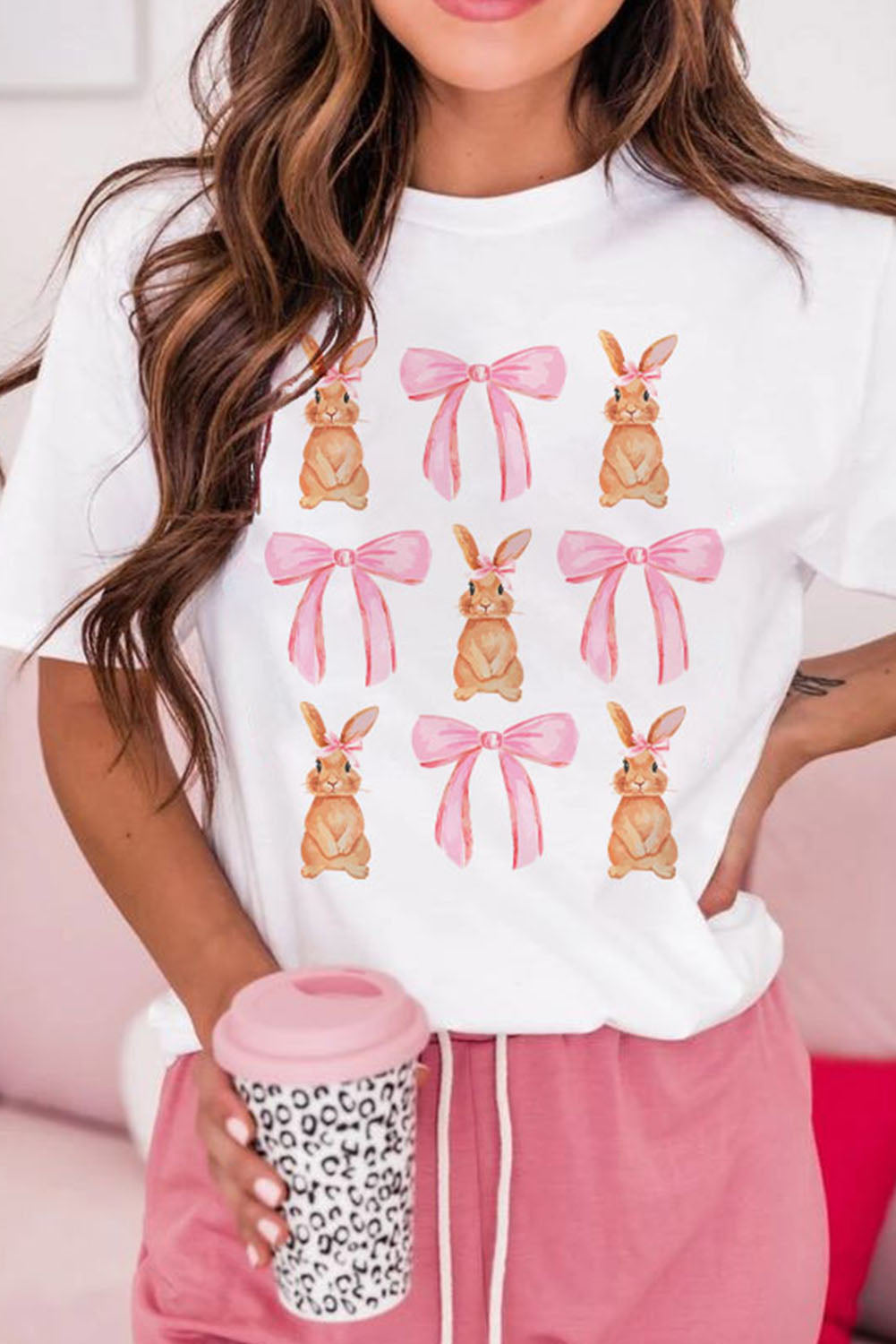 Easter Day Shirt Women's fashion White Rabbit Bow Knot Print Crew Neck T Shirt and Easter Gifts