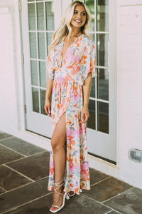 Women’s Long Beach Dress Boho Multicolor Tropical Floral Print Ruched V Neck Loose Sleeve Flowy Maxi Dress