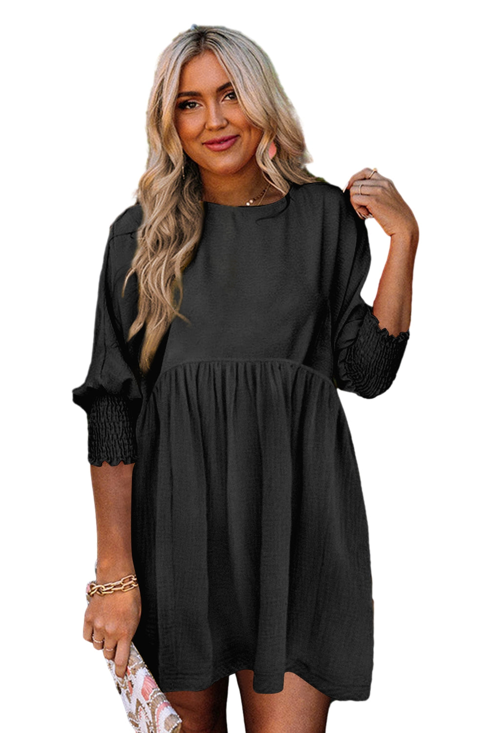 Black Solid Shirred Cuffs Short Swing Dress