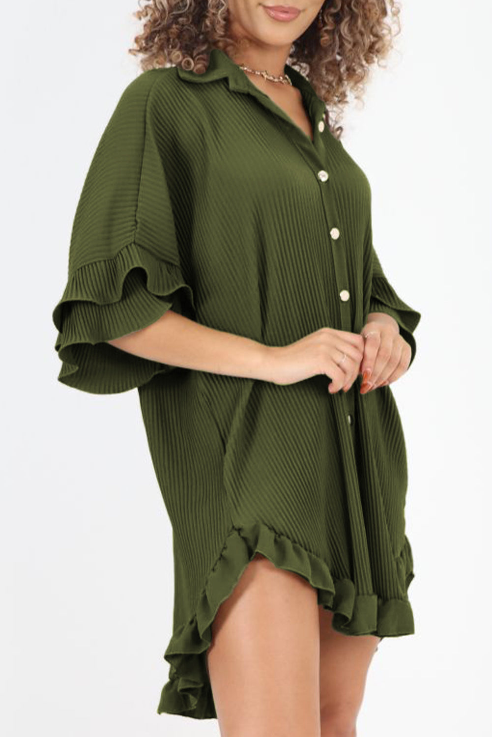 Women's Olive Green Button Down Long Blouse Moss Green High-low Hem Ruffle Sleeve Pleated Shirt Dress