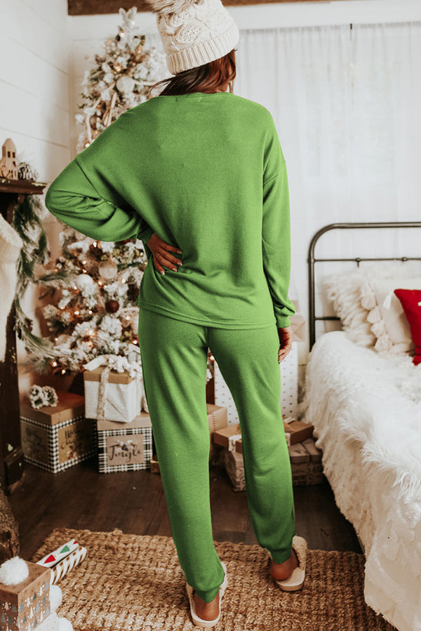 Spinach Green Long Sleeve Pullover and Jogger Pants Lounge Set Pajamas