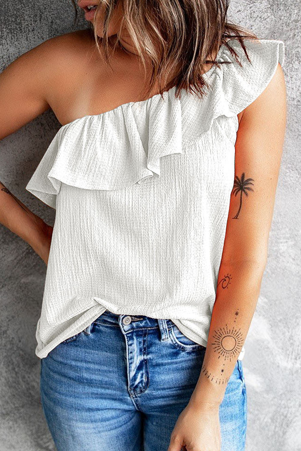 Women’s Off The Shoulder Top White Ruffle One Shoulder Crinkle Tank