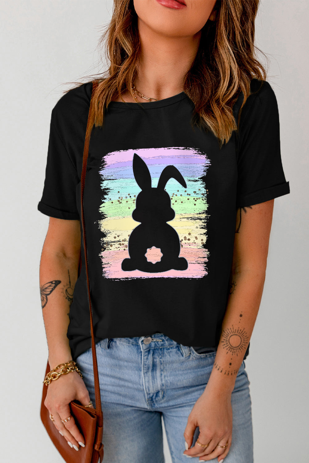 Easter T Shirt Black Rainbow Splash Easter Rabbit Graphic Tee Ladies Fashion and Easter Gifts