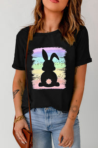 Easter T Shirt Black Rainbow Splash Easter Rabbit Graphic Tee Ladies Fashion and Easter Gifts