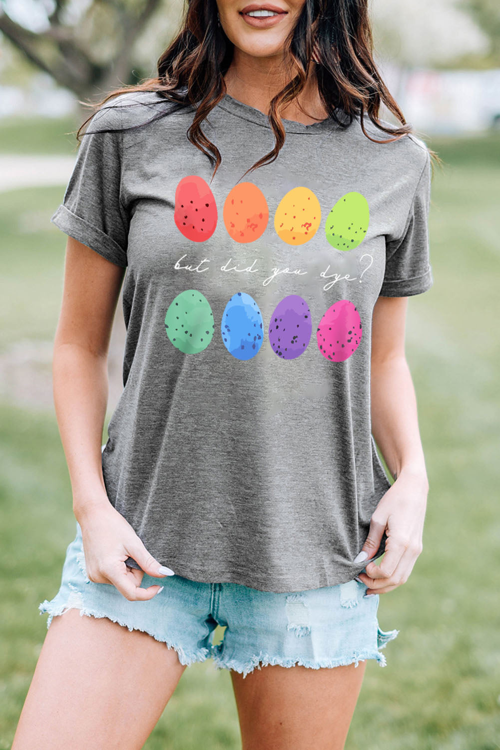 Easter Shirt Women's Fashion Gray Easter Eggs Print Crew Neck T Shirt Easter Gifts