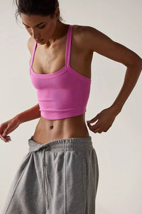 Pink Cropped Cami Top Comfortable Spaghetti Sleeve Shirt Bonbon Athletic Ribbed