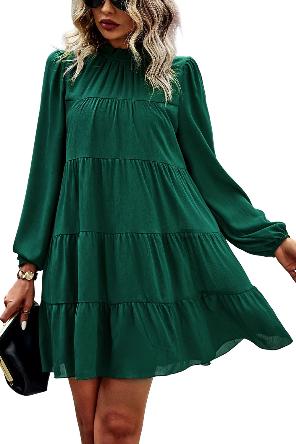 Green Puff Sleeve Mock Neck Back Knot Tiered Dress