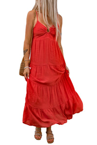 Women’s Red Dress O-ring Top Smocked Back Spaghetti Straps Ruffle Tiered Maxi Dress