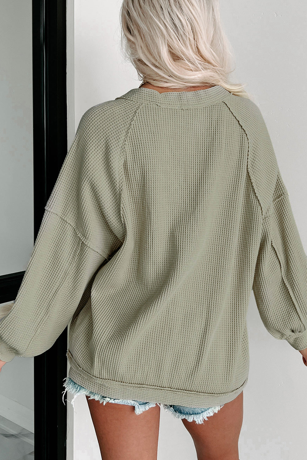 Green Exposed Seam Buttons Front Waffle Knit Cardigan