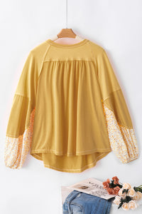 Yellow Long Sleeve Shirt Casual Women's Beige Floral Colorblock Balloon Sleeve Exposed Seam Top KESLEY