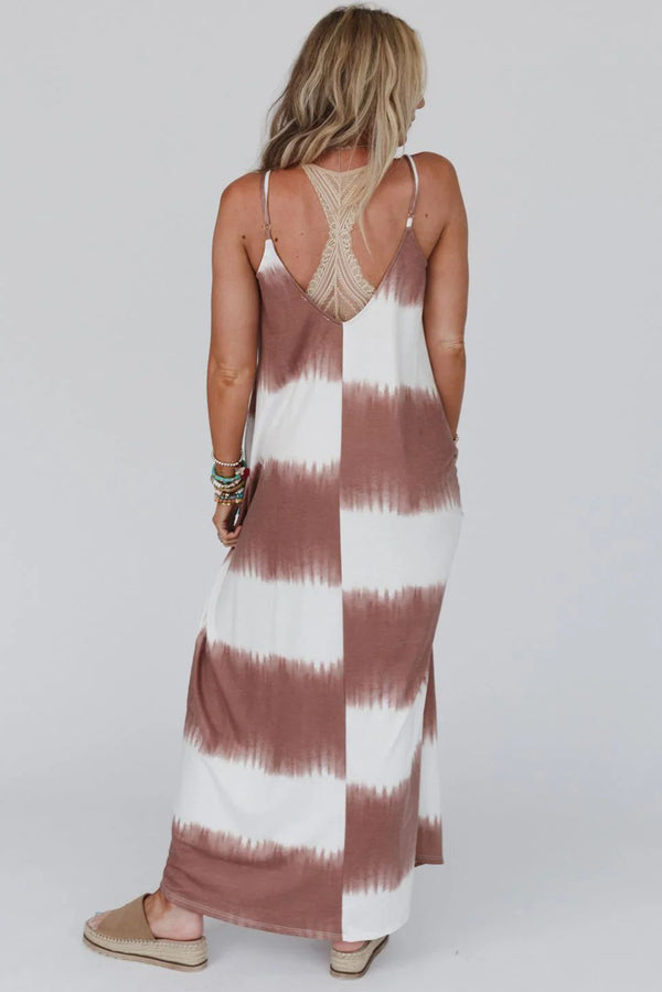 White Stripe Striped Tie Dye Spaghetti Strap Maxi Dress