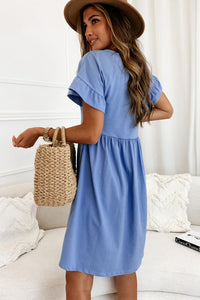 Sky Blue Round Neck Ruffle Sleeve Loose Dress