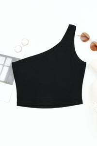 Black One Shoulder Sleeveless Crop Top Sexy Shirt