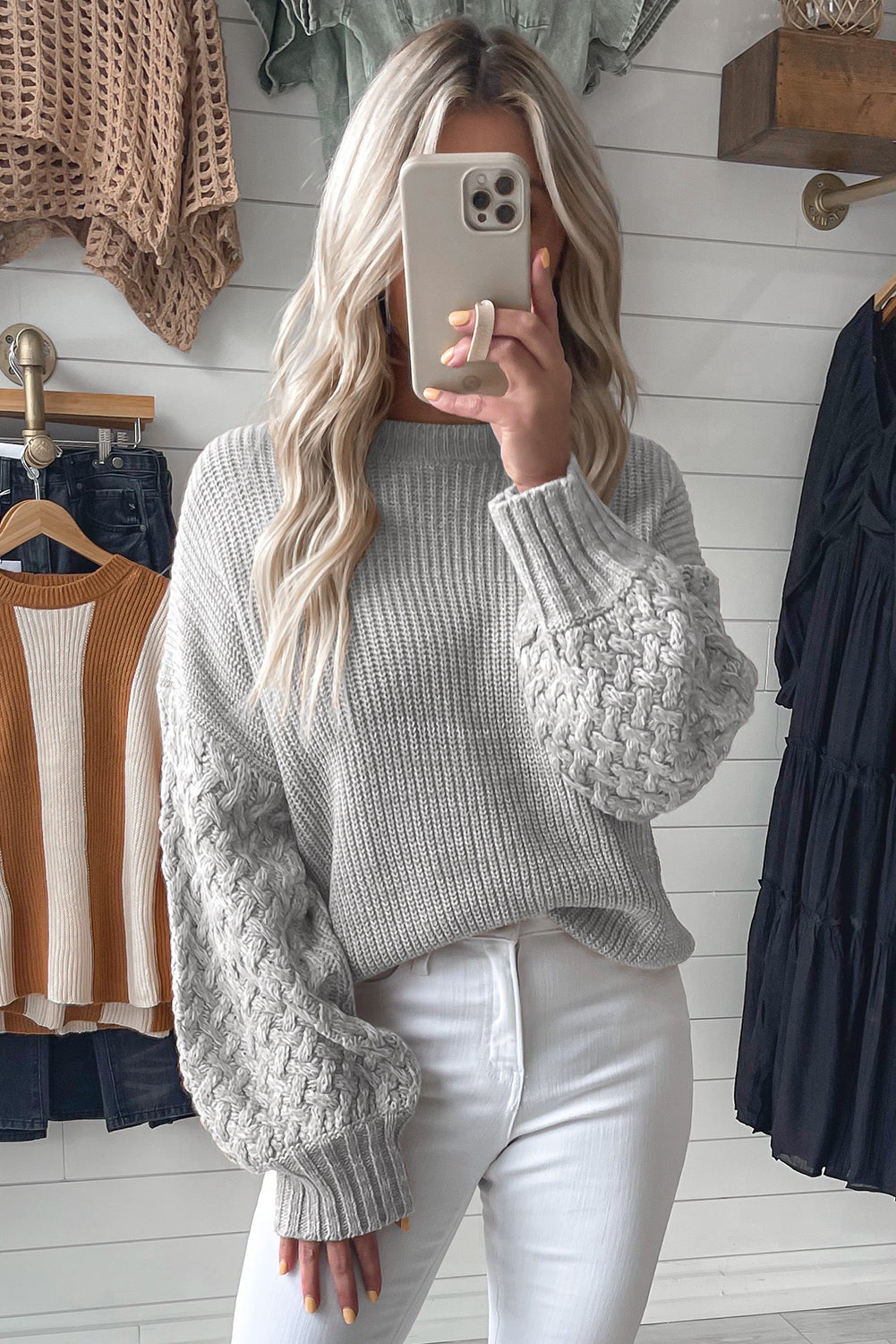 Light Grey Cable Knit Sleeve Drop Shoulder Sweater