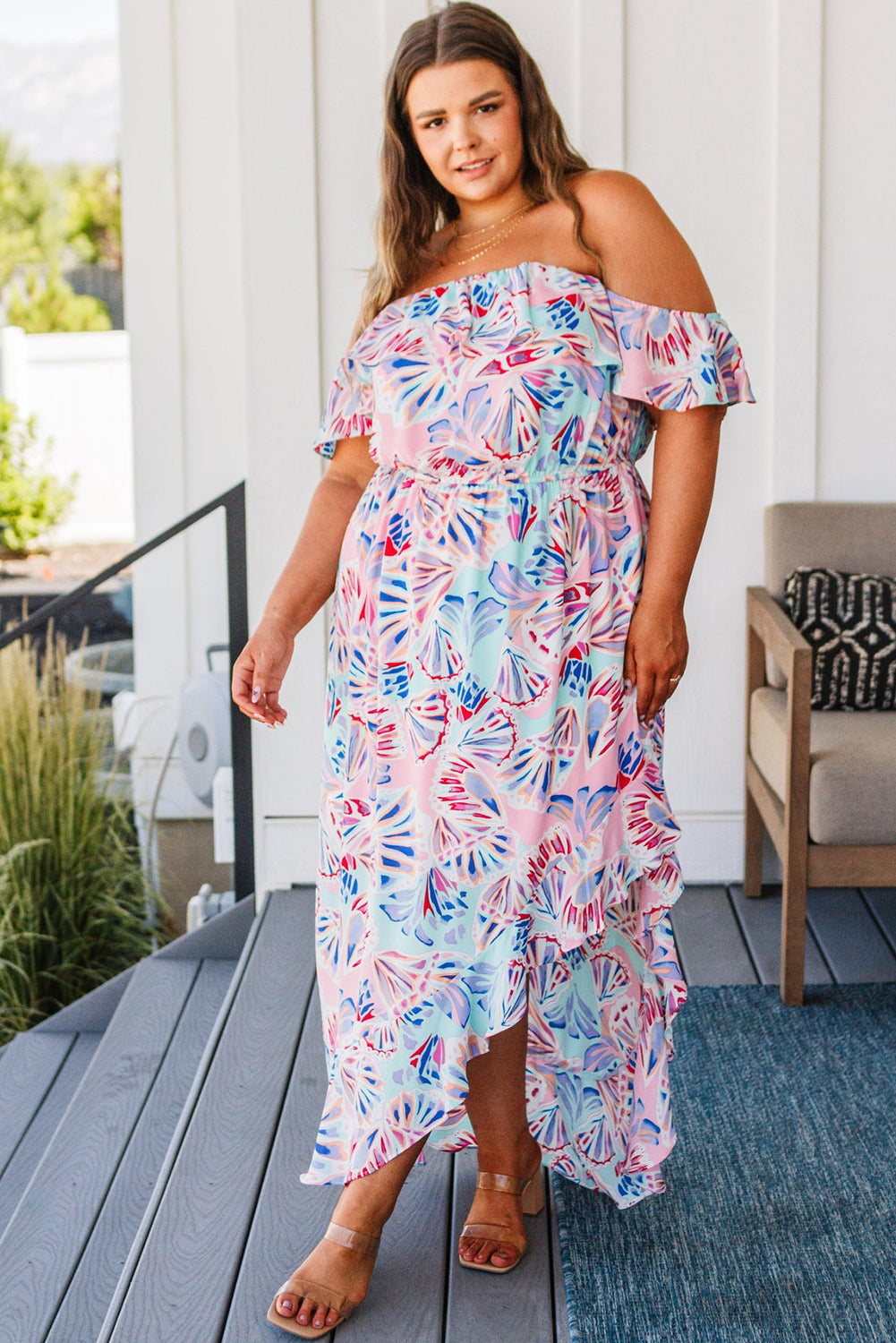 Plus Size Fashion Pink Sea Shell Print Ruffled Sleeve Long Maxi Dress