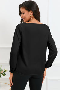 Black Long Sleeve Shirt, Womens Solid Asymmetric V Neck Long Sleeve Satin Style Blouse