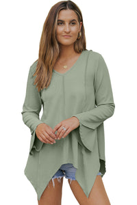 Green Ribbed Expose Seam Bell Sleeve Top