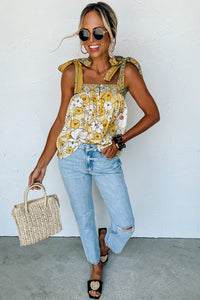 Yellow Floral Patchwork Sleeveless Shirt Women's Tied Straps Buttoned Tank Top