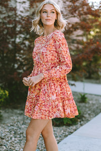 Printed Floral Long Sleeve Frill Tiered Mini Short Dress