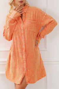 Orange Crinkled Dual Chest Pocket Oversized Shirt Dress Womens Fashion