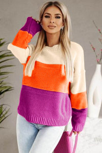 Multicolor Color Block Drop Shoulder Round Neck Knit Sweater