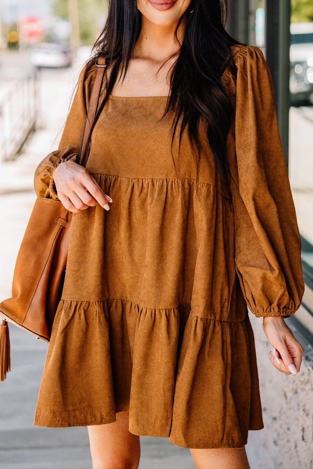 Boho Long Sleeve Dress with pockets  Chestnut Square Neck Puff Sleeve Tiered Corduroy Mini