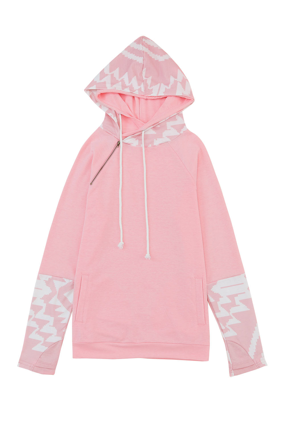 Pink Aztec Print Patchwork Thumb Hole Hoodie