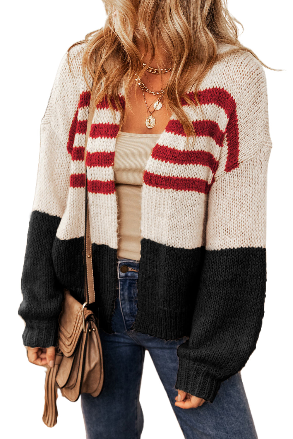 Black Colorblock Striped Open Cardigan Fashion Sweater