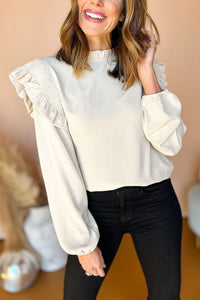 White Frilled Neck Ruffled Trim Bubble Sleeve Blouse