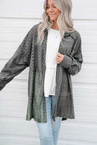 Women's Oversized Button Up Long Shirt Duffel Green Eyelet Pattern Patchwork  Shacket