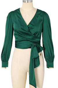 Blackish Green Satin Surplice V Neck Knot Blouse