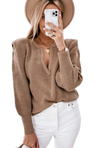 Brown Braided Notched V Neckline Puff Sleeve Knitted Long Sleeve Top, Sweater