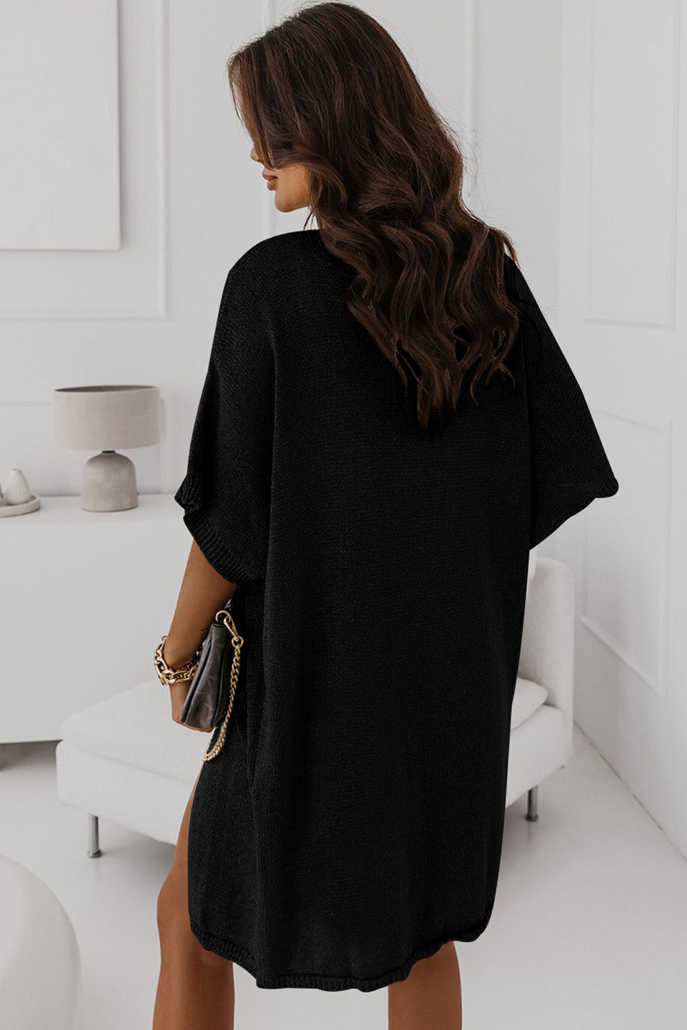 Women's short Sleeve Sweater Black Dolman Half Sleeved Pocketed Long Cardigan