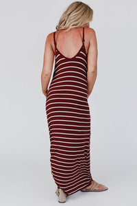 Red Stripe Side Pockets Spaghetti Straps Maxi Dress